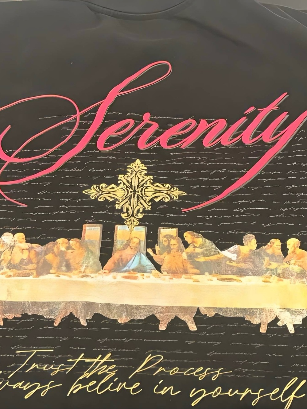 Graphic Image Black T-shirt with Pink "Serenity" Script and Gold Artwork